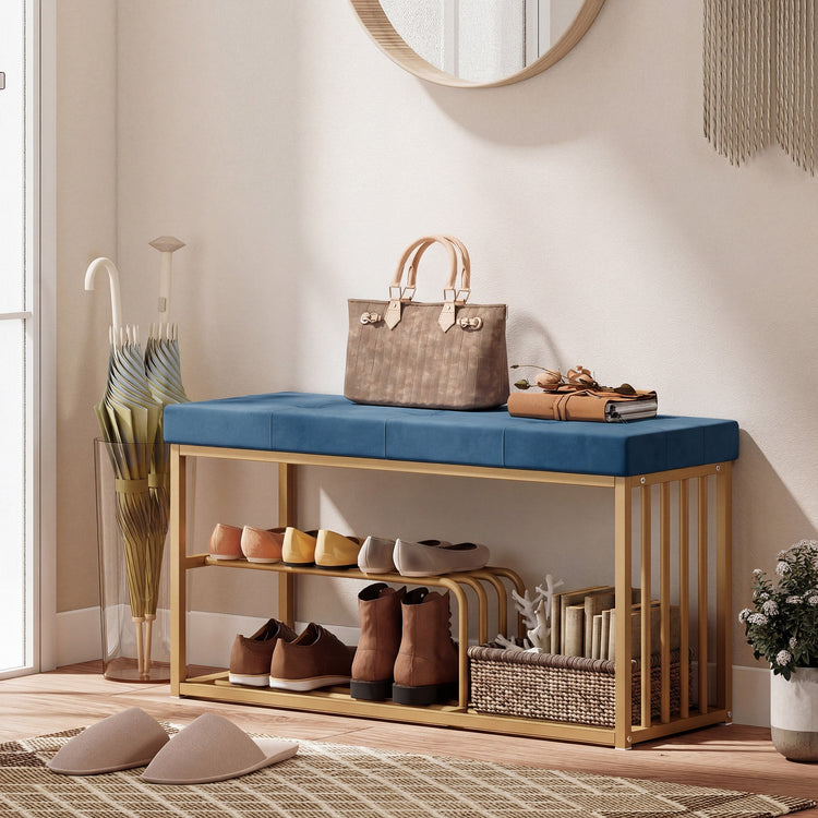 HOMCOM Bench and Shoe Storage, Tufted Shoe Storage Bench with Velvet Seat Cushion Gold Steel Frame for Entryway, Dark Blue