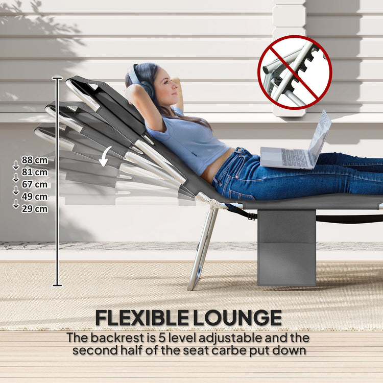 Outsunny Foldable Sun Lounger Set of 2, Beach Chaise Lounge with Reading Hole, Arm Slots, 5-Position Adjustable Backrest, Side Pocket, Pillow for Garden, Beach, Pool, Dark Grey