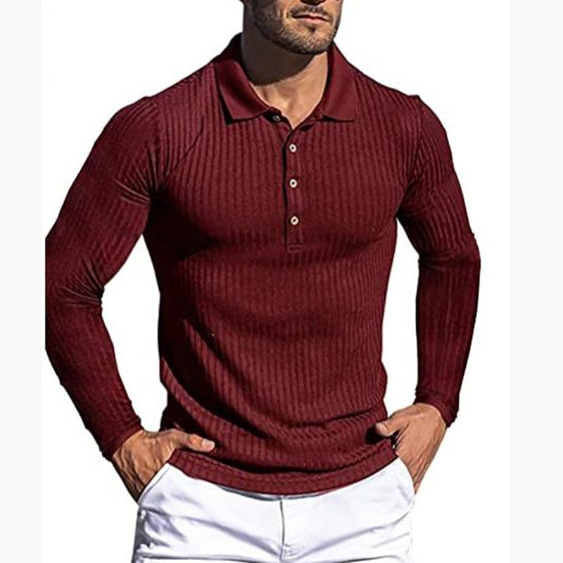 Men's Running Sports Fitness High Stretch Striped Long Sleeve POLO Shirt