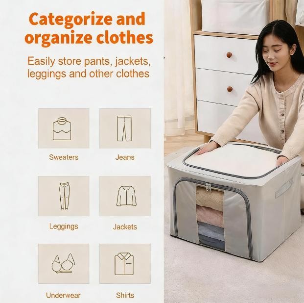 3 Pack Clothes Storage Bags XL Zipped Organiser Storage Boxes Grey Large