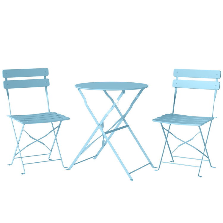Outsunny Folding Garden Bistro Set, Outdoor Round Bistro Table and Chairs Set 2 with Electrophoresis Metal Frame, Light Blue