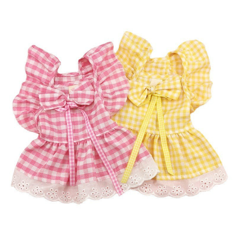 Pet Flying Shoulder Sleeve Plaid Lace Dog Skirt