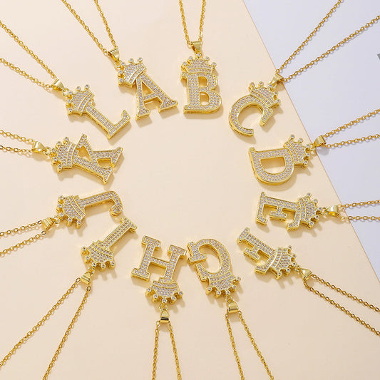 1PCS Fashionable Gold Diamond Crown Uppercase Letter Popular Pendant Necklace Suitable For Daily Use Festivals Parties Gifts Jewelry Set