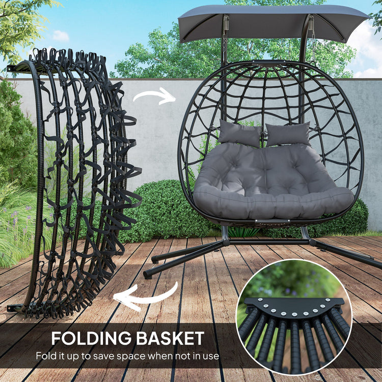 Outsunny Rattan Double Hanging Egg Chair with Canopy, Foldable Wicker Swing Egg Chair with Cushion, Head Pillows, Stand, Steel Frame, Hammock Chair for Indoor Outdoor, Capacity 260 kg, Black