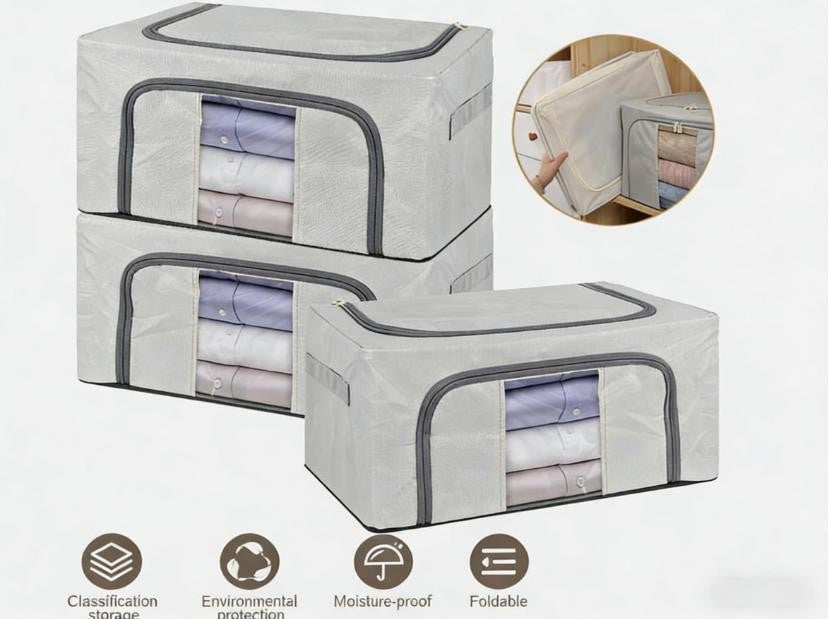 3 Pack Clothes Storage Bags XL Zipped Organiser Storage Boxes Grey Large