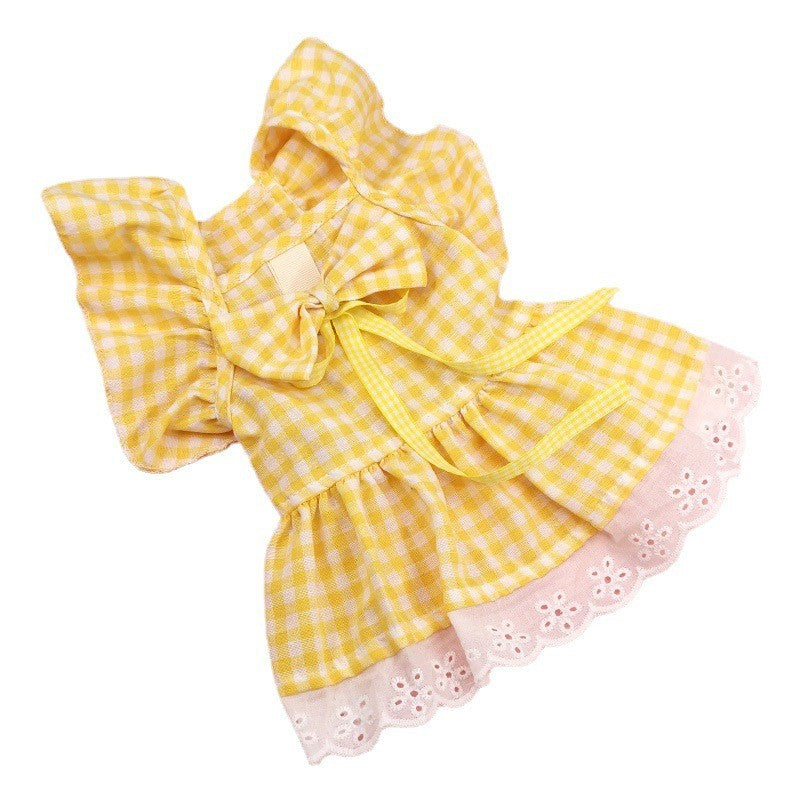 Pet Flying Shoulder Sleeve Plaid Lace Dog Skirt