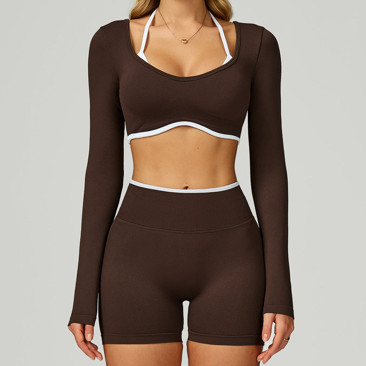 Seamless Color-blocking Yoga Set With Hollow Back And High-waist Fitness Wear