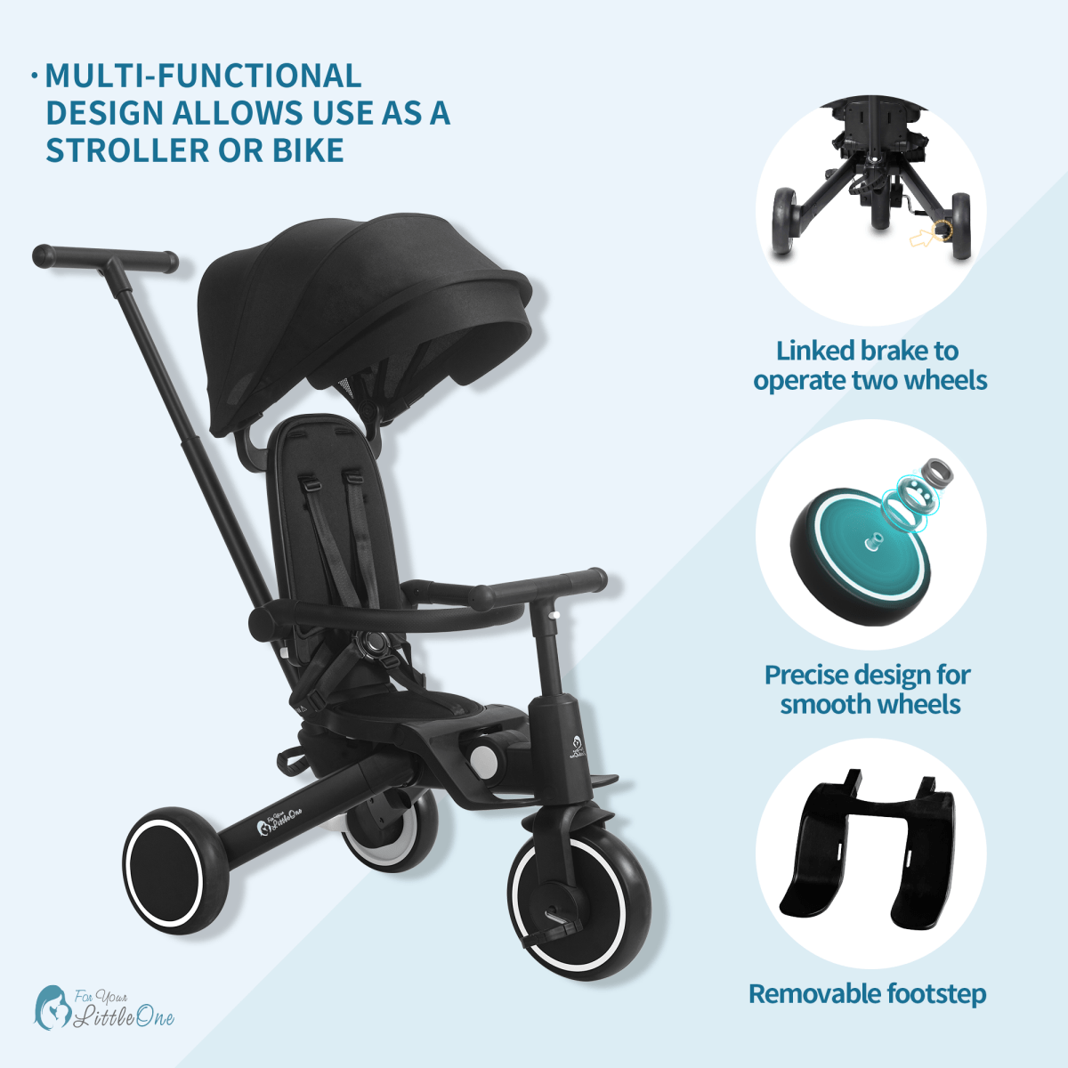Foryourlittleone Xplor 6 in 1 Foldable Trike - Jet Black (10m-4y)