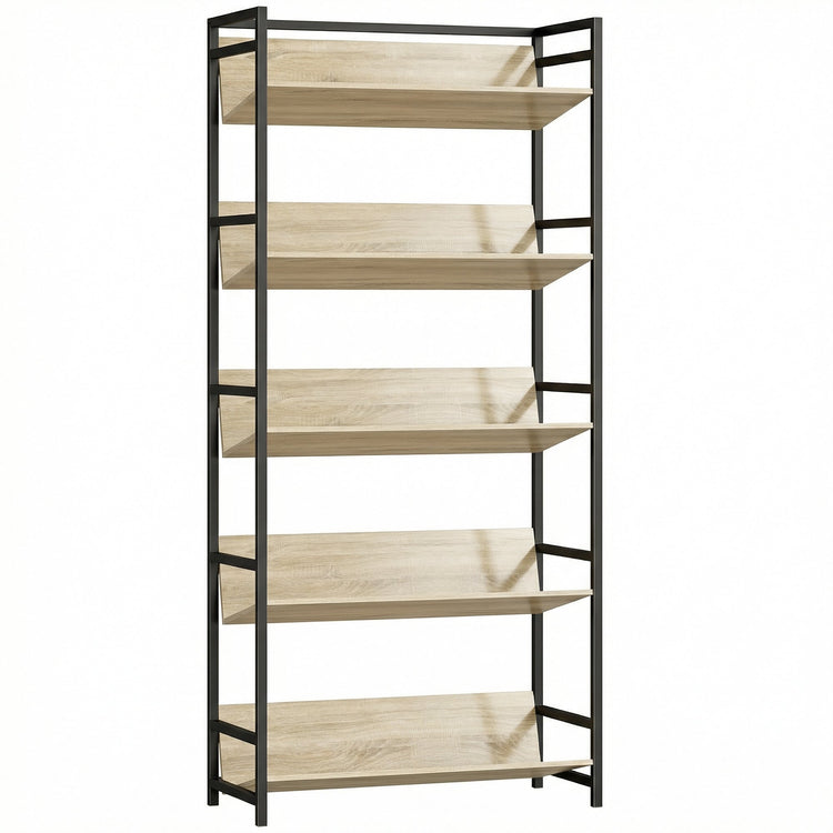 HOMCOM Bookshelf 5-Tier Metal Frame Bookcase Storage Shelves for Living Room Oak