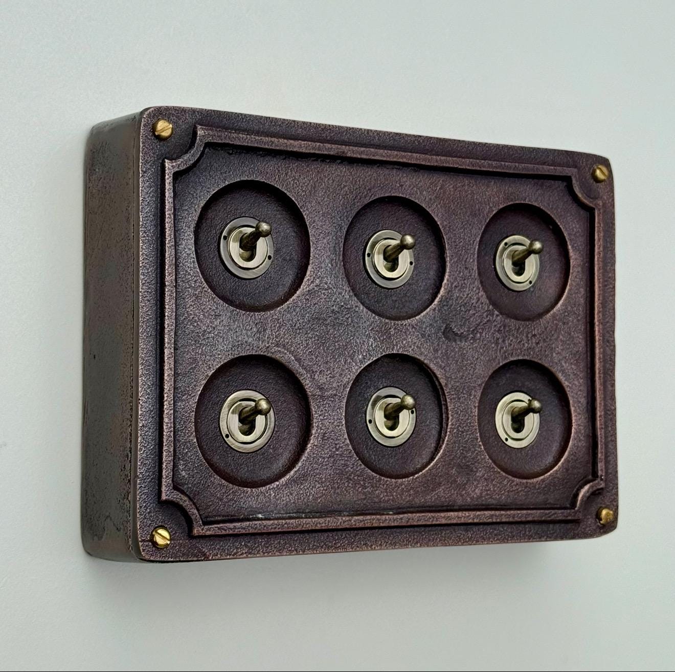 6 Gang 2 Way Antique Copper Toggle Light Switch | Metal Conduit