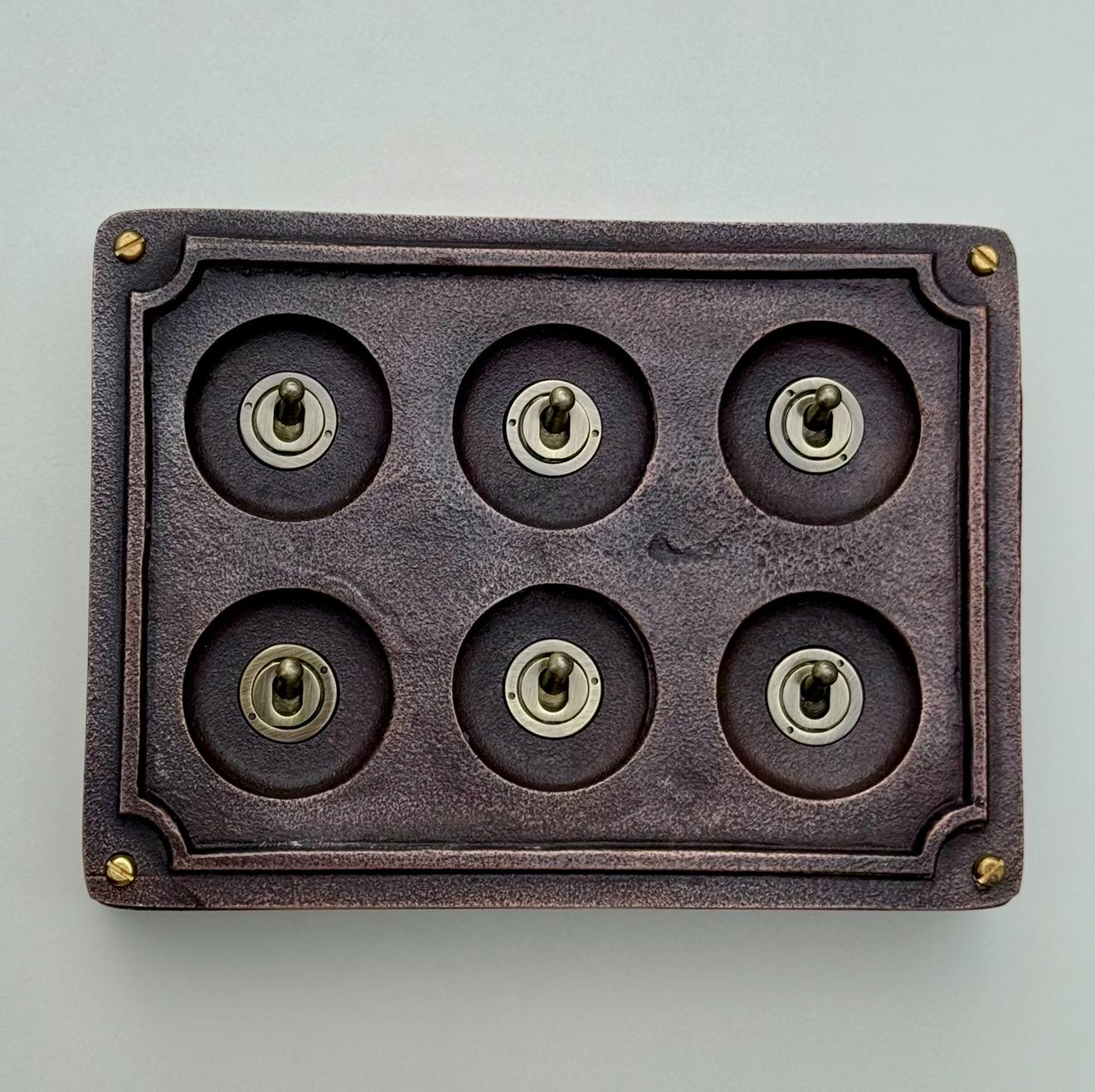 6 Gang 2 Way Antique Copper Toggle Light Switch | Metal Conduit