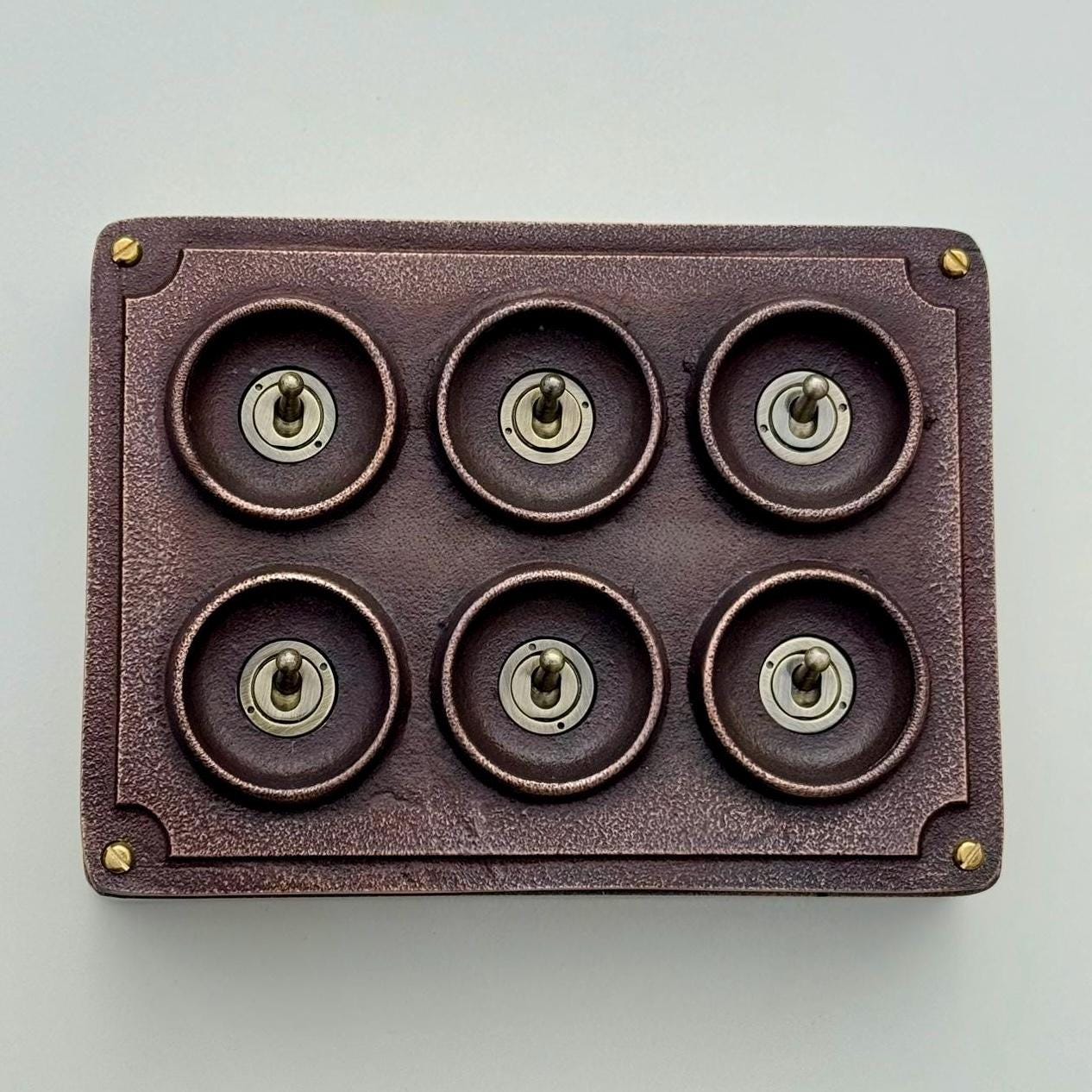 6 Gang 2 Way Antique Copper Conduit Toggle Light Switch | Cast Metal