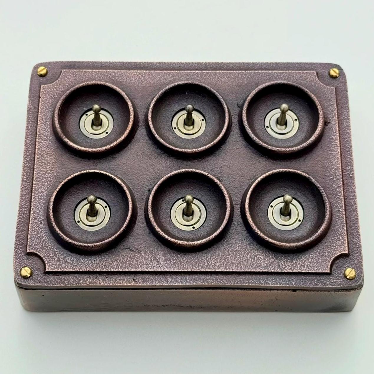 6 Gang 2 Way Antique Copper Conduit Toggle Light Switch | Cast Metal