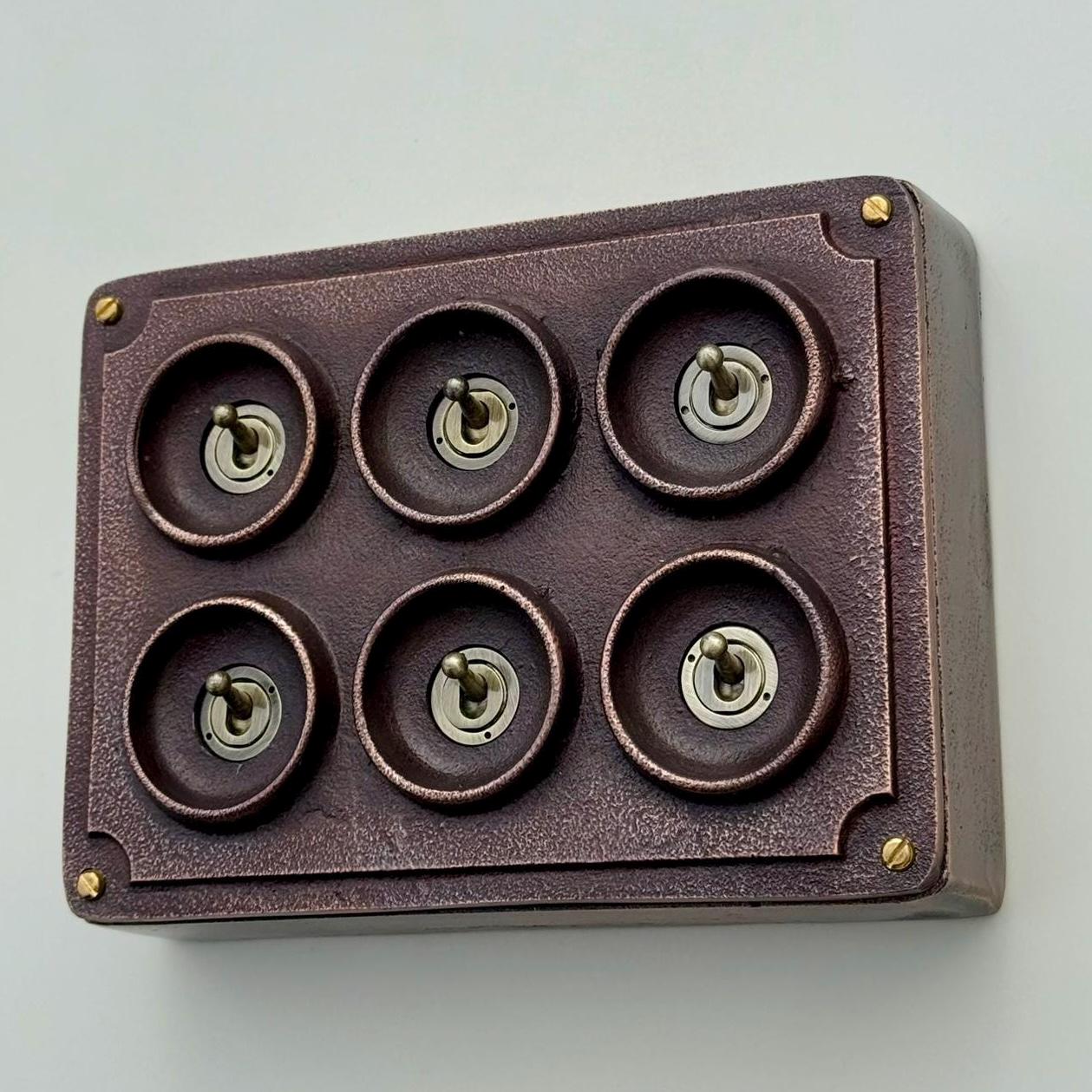 6 Gang 2 Way Antique Copper Conduit Toggle Light Switch | Cast Metal