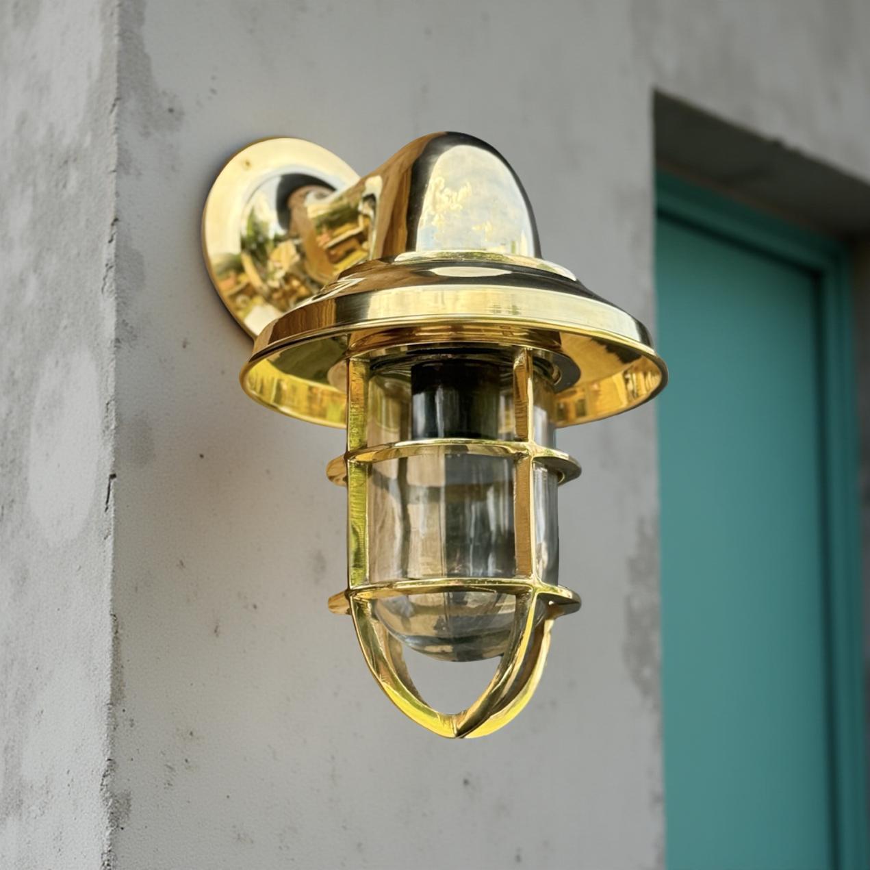 Wells Solid Brass Caged Swan Neck Wall Light - IP65