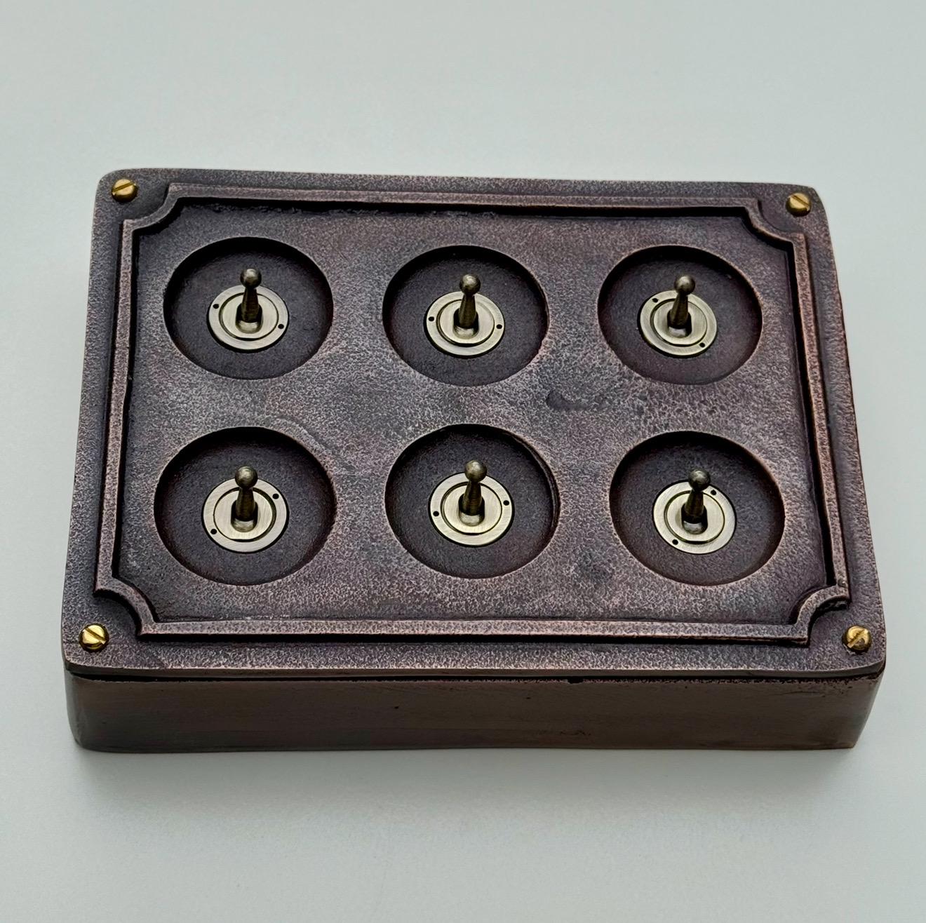 6 Gang 2 Way Antique Copper Toggle Light Switch | Metal Conduit