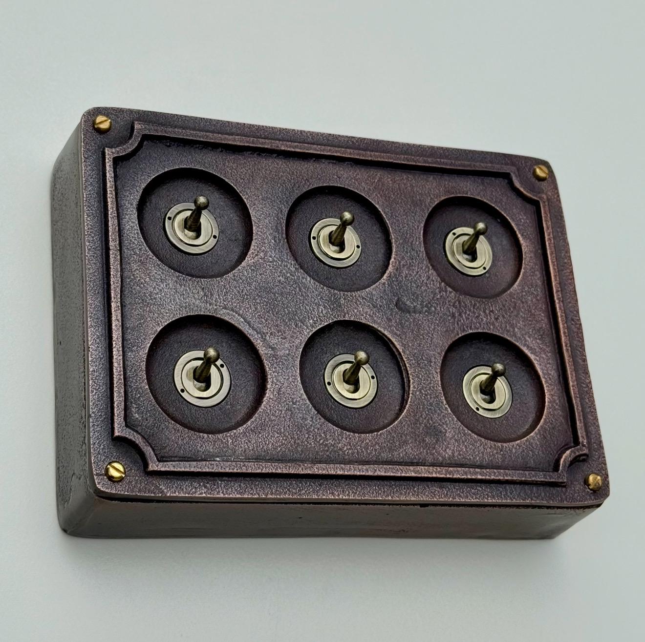 6 Gang 2 Way Antique Copper Toggle Light Switch | Metal Conduit