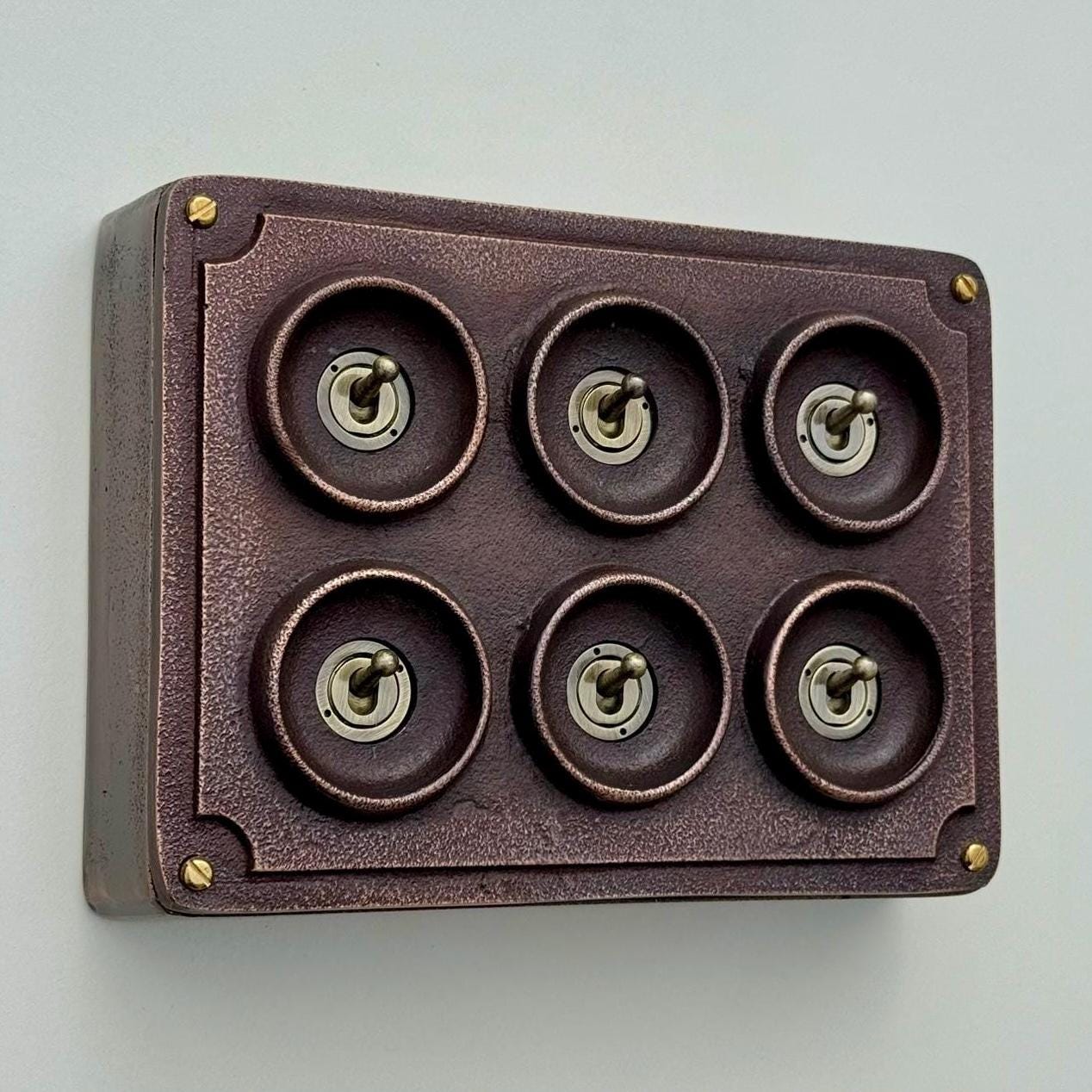 6 Gang 2 Way Antique Copper Conduit Toggle Light Switch | Cast Metal