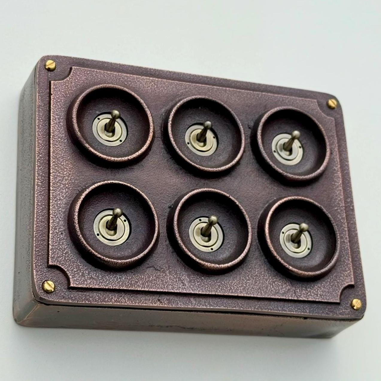 6 Gang 2 Way Antique Copper Conduit Toggle Light Switch | Cast Metal