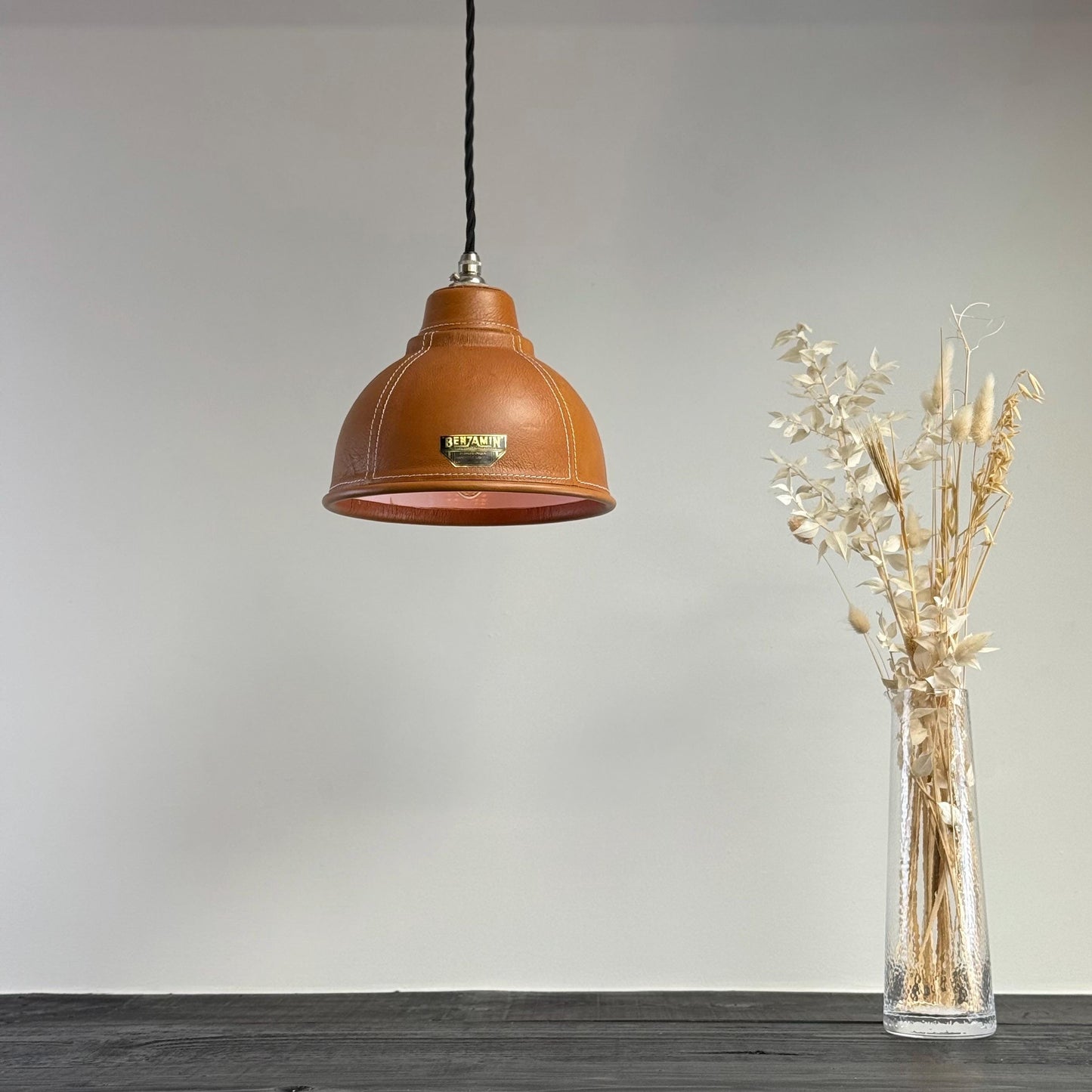 Trimingham ~ Real Genuine Leather Hand Stitched Solid Lampshade Pendant Set Light ~ 8.5 Inch