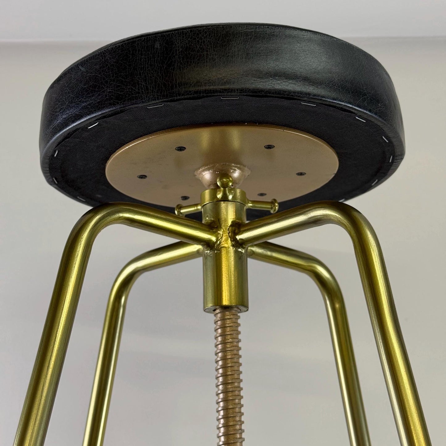 Antique Brass & Black Leather Adjustable Bar Stool