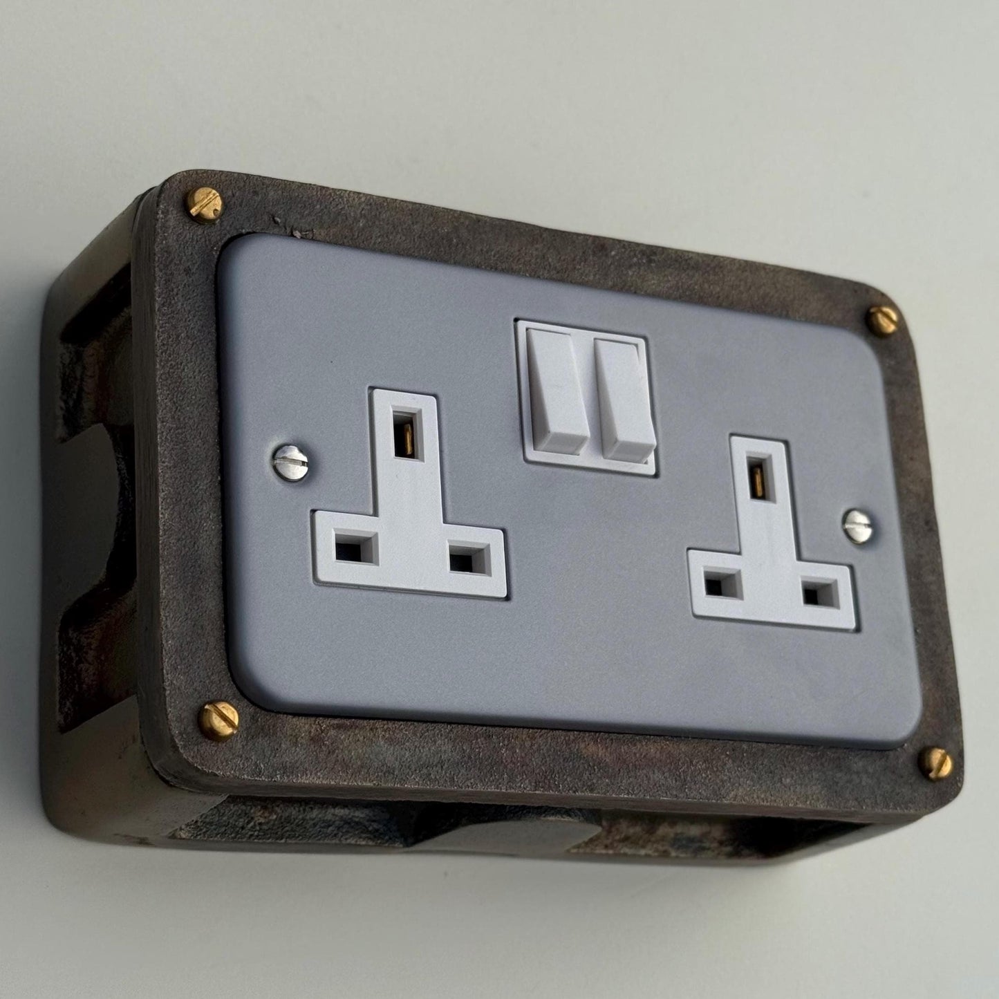 Grey Metal Clad Double Switched 13A Power Socket 230V 2 Gang Socket Antique Brass Conduit Switch