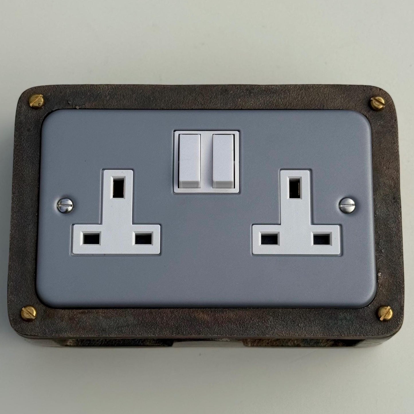 Grey Metal Clad Double Switched 13A Power Socket 230V 2 Gang Socket Antique Brass Conduit Switch