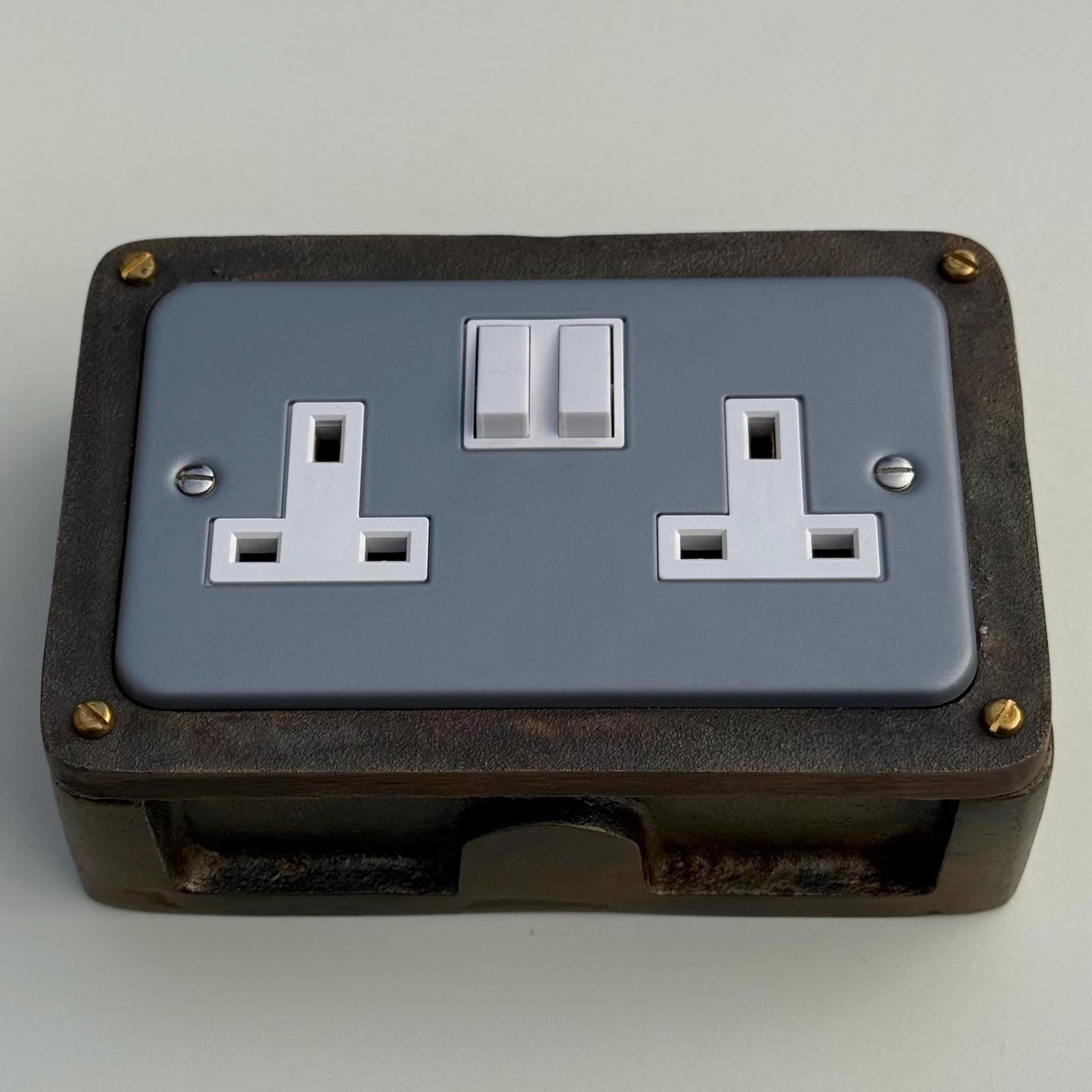 Grey Metal Clad Double Switched 13A Power Socket 230V 2 Gang Socket Antique Brass Conduit Switch