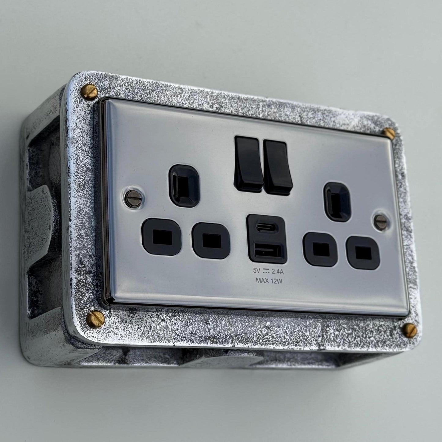 Black Nickel Double Switched 13A Socket | 2 Gang Solid Cast Metal Industrial Power Socket