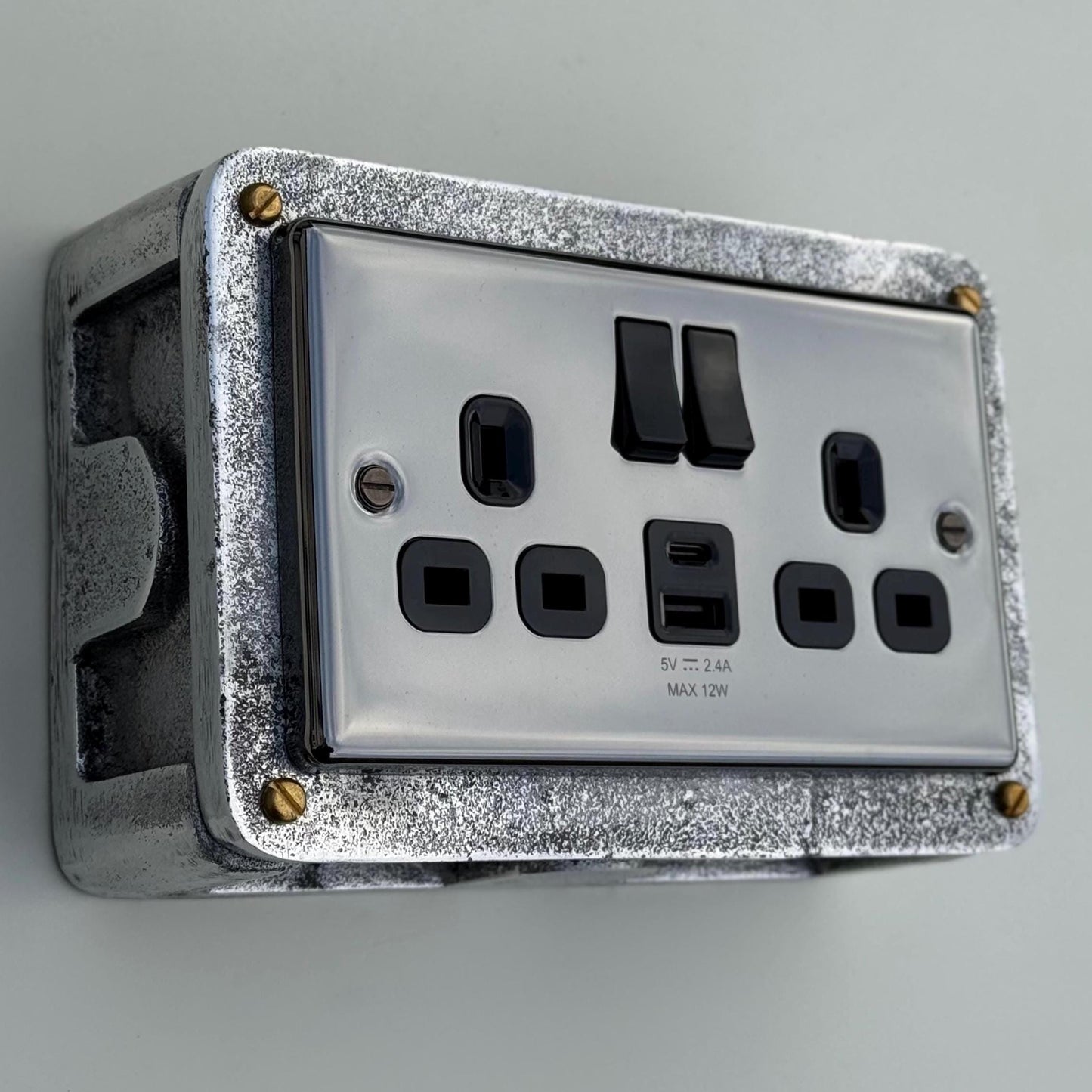 Black Nickel Double Switched 13A Socket | 2 Gang Solid Cast Metal Industrial Power Socket