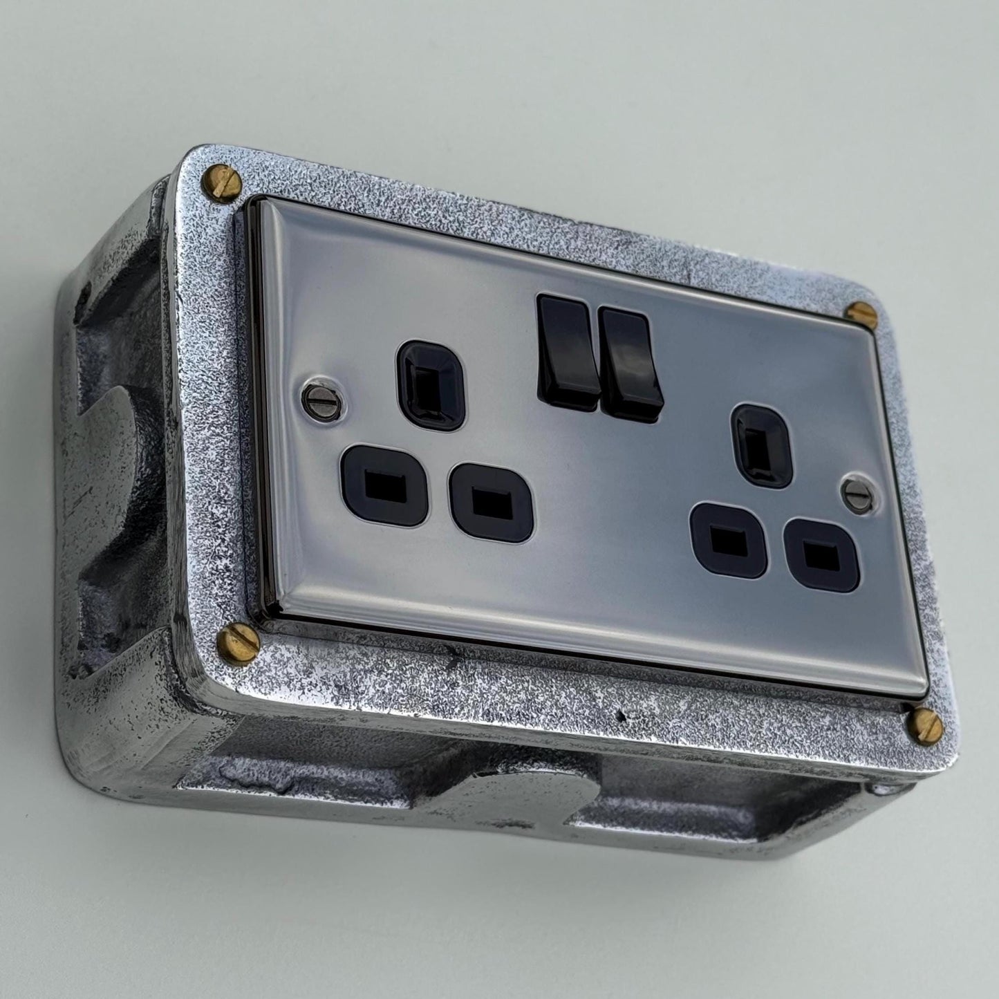 Black Nickel Double Switched 13A Socket | 2 Gang Solid Cast Metal Industrial Power Socket