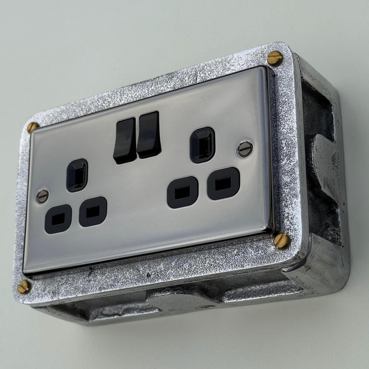 Black Nickel Double Switched 13A Socket | 2 Gang Solid Cast Metal Industrial Power Socket