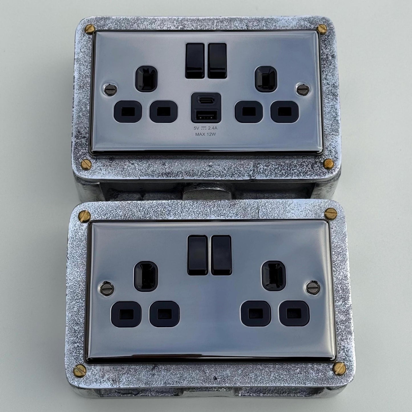 Black Nickel Double Switched 13A Socket | 2 Gang Solid Cast Metal Industrial Power Socket