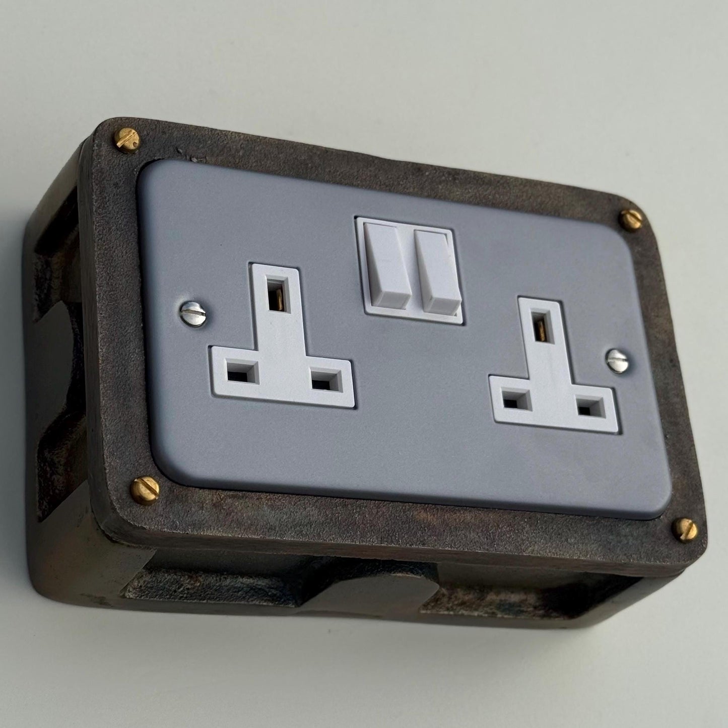 Grey Metal Clad Double Switched 13A Power Socket 230V 2 Gang Socket Antique Brass Conduit Switch