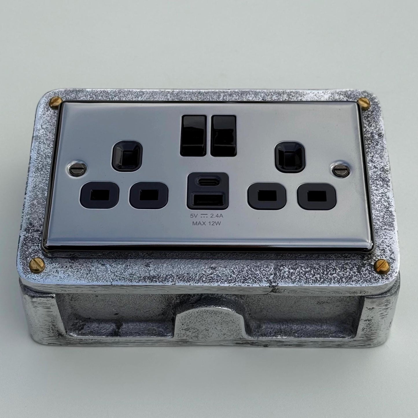 Black Nickel Double Switched 13A Socket | 2 Gang Solid Cast Metal Industrial Power Socket