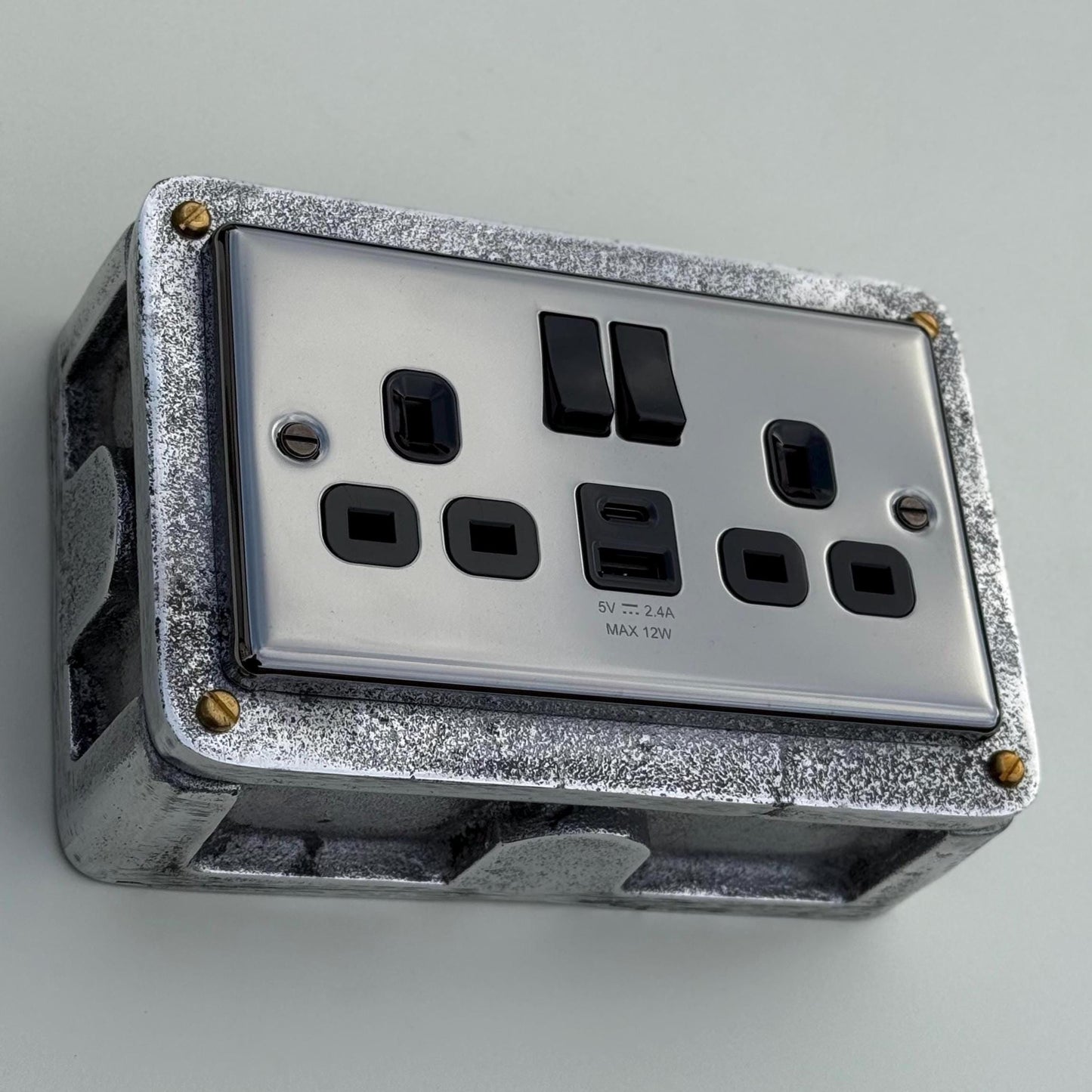 Black Nickel Double Switched 13A Socket | 2 Gang Solid Cast Metal Industrial Power Socket
