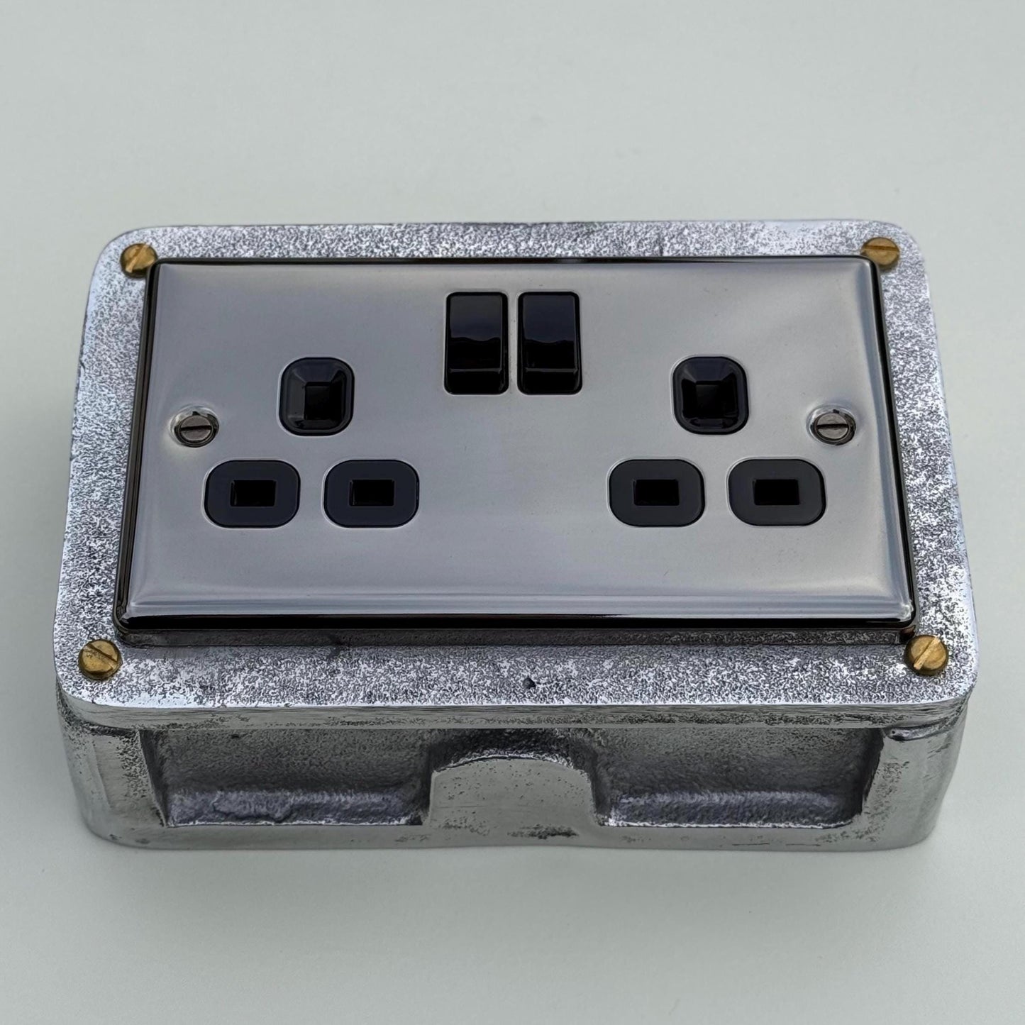 Black Nickel Double Switched 13A Socket | 2 Gang Solid Cast Metal Industrial Power Socket