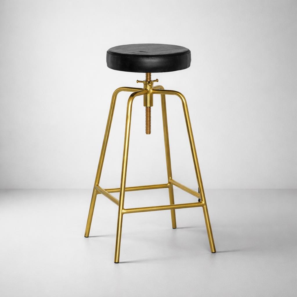 Antique Brass & Black Leather Adjustable Bar Stool