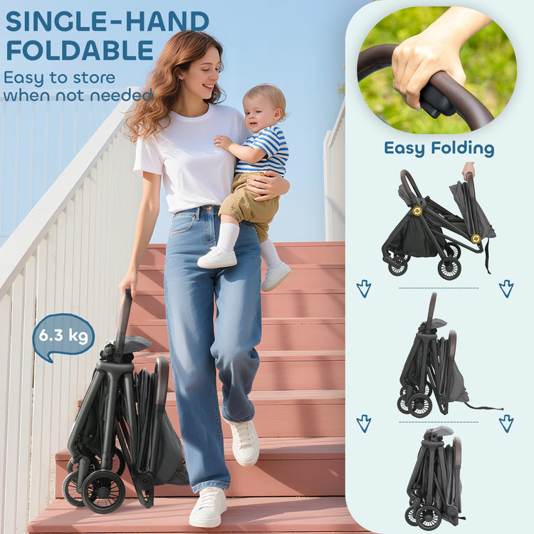 AIYAPLAY Foldable Baby Stroller with Adjustable Seat, 5-Point Harness, Canopy, Basket, 6.3kg Lightweight & Compact, Dark Grey