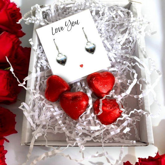 Silver Heart Drop Earrings & Love You Mini Gift Hamper