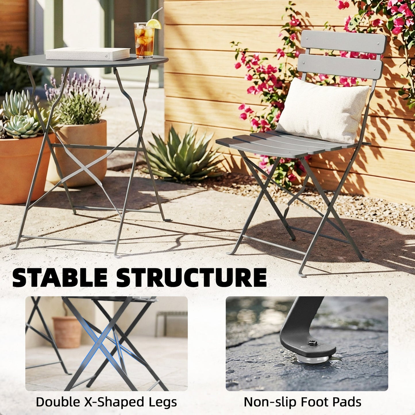 Outsunny Folding Garden Bistro Set, Outdoor Round Bistro Table and Chairs Set 2 with Electrophoresis Metal Frame, Grey