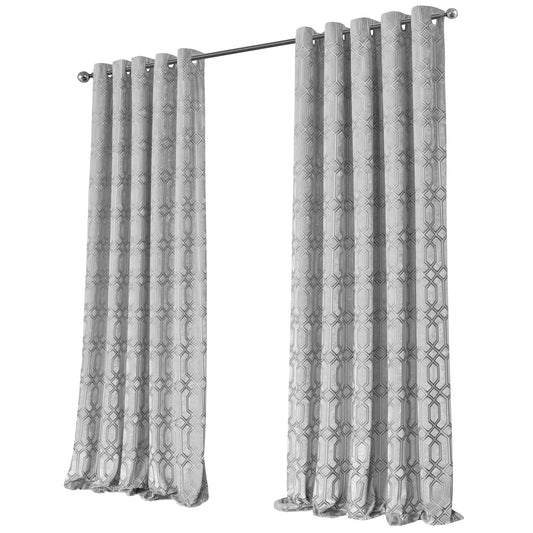 OLIVIA ROCCO Geo Velvet Eyelet Curtains Grey Thermal Insulated Soundproof Easy-Fit Ready Made Window Pair