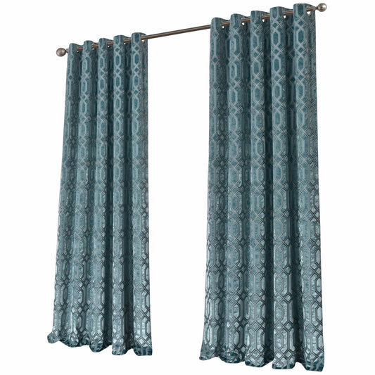 OLIVIA ROCCO Geo Velvet Eyelet Curtains Teal Thermal Insulated Soundproof Ready Made Pair