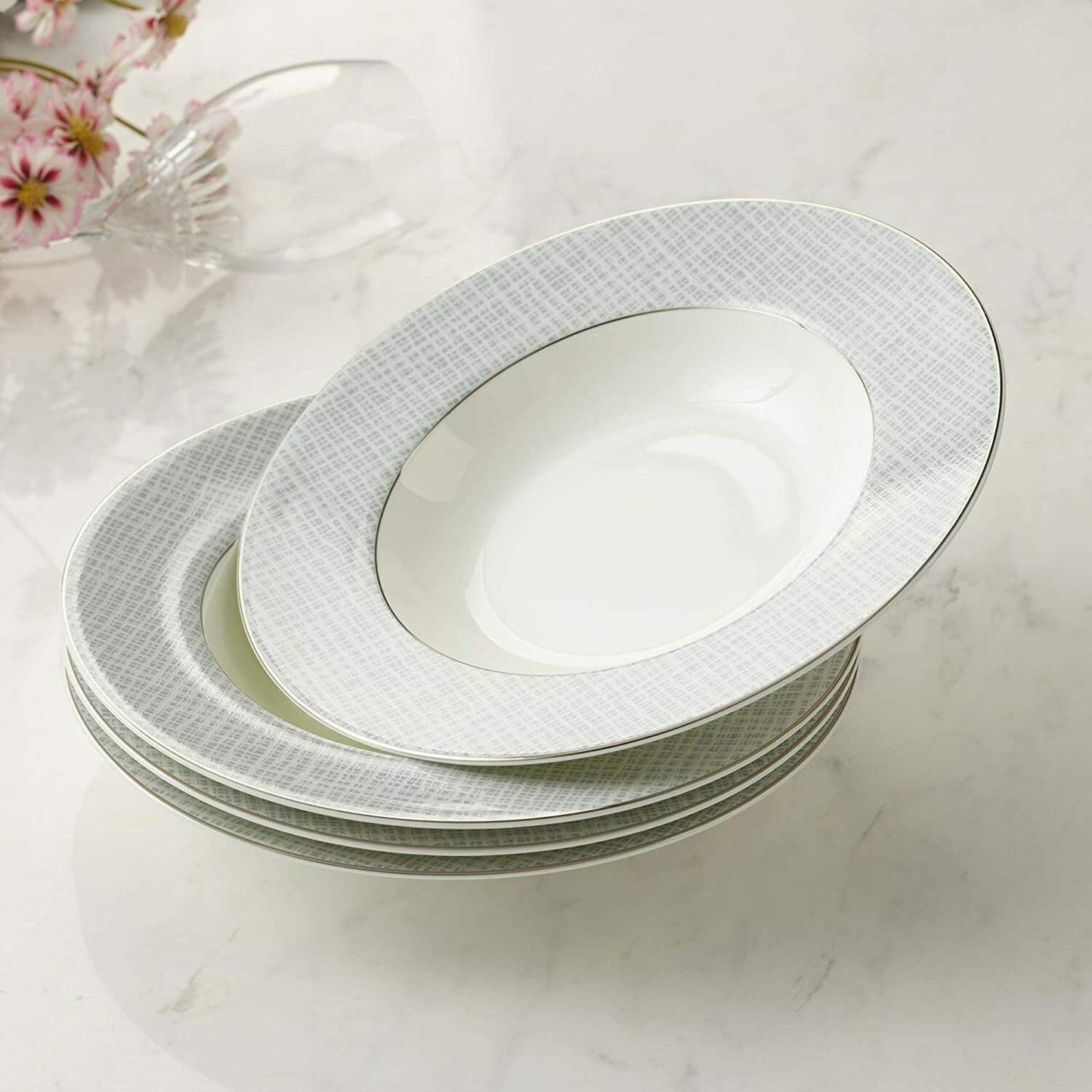Soup Bowl Pasta Plates Set of 4 Classic Pattern with Silvering Banding