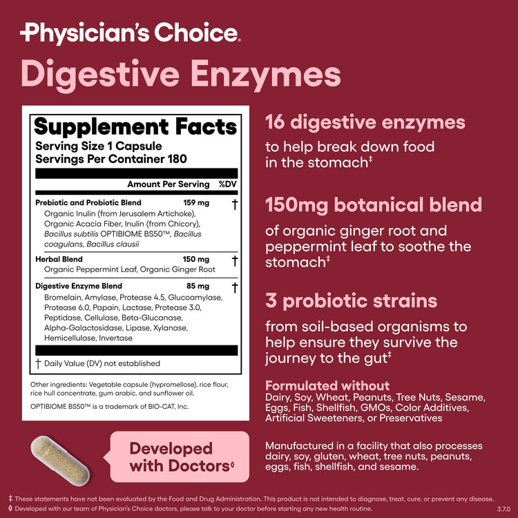 Physician's CHOICE Digestive Enzymes – 16 Enzymes with Organic Prebiotics & Probiotics (180 CT)