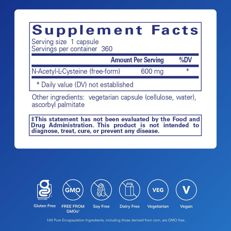 Pure Encapsulations NAC 600 mg – N-Acetyl Cysteine Supplement for Lung Health, Immune Support, Liver Health & Antioxidants* (Freeform N-Acetyl-L-Cysteine) - 360 Capsules