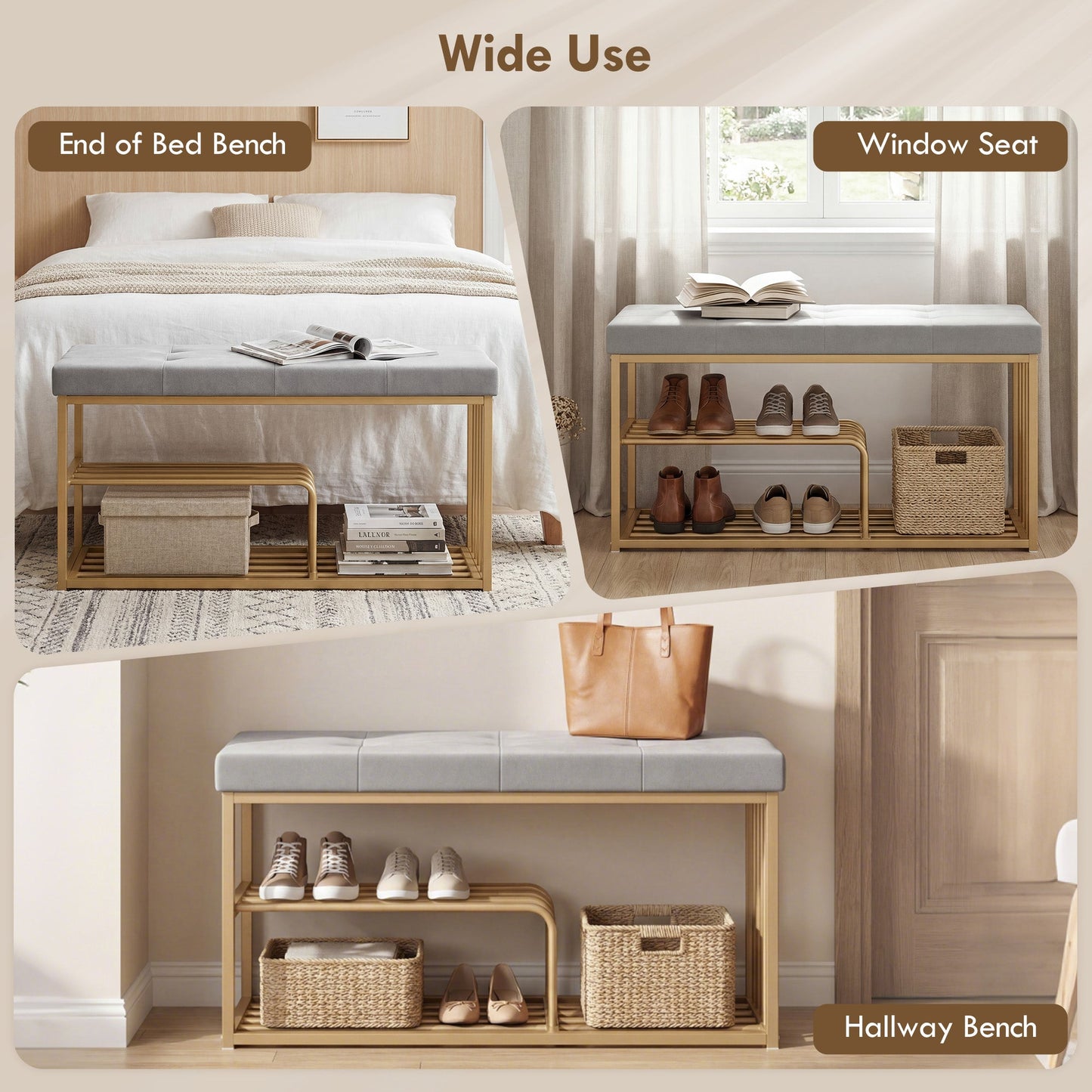HOMCOM Bench and Shoe Storage, Tufted Shoe Storage Bench with Velvet Seat Cushion Gold Steel Frame for Entryway, Grey