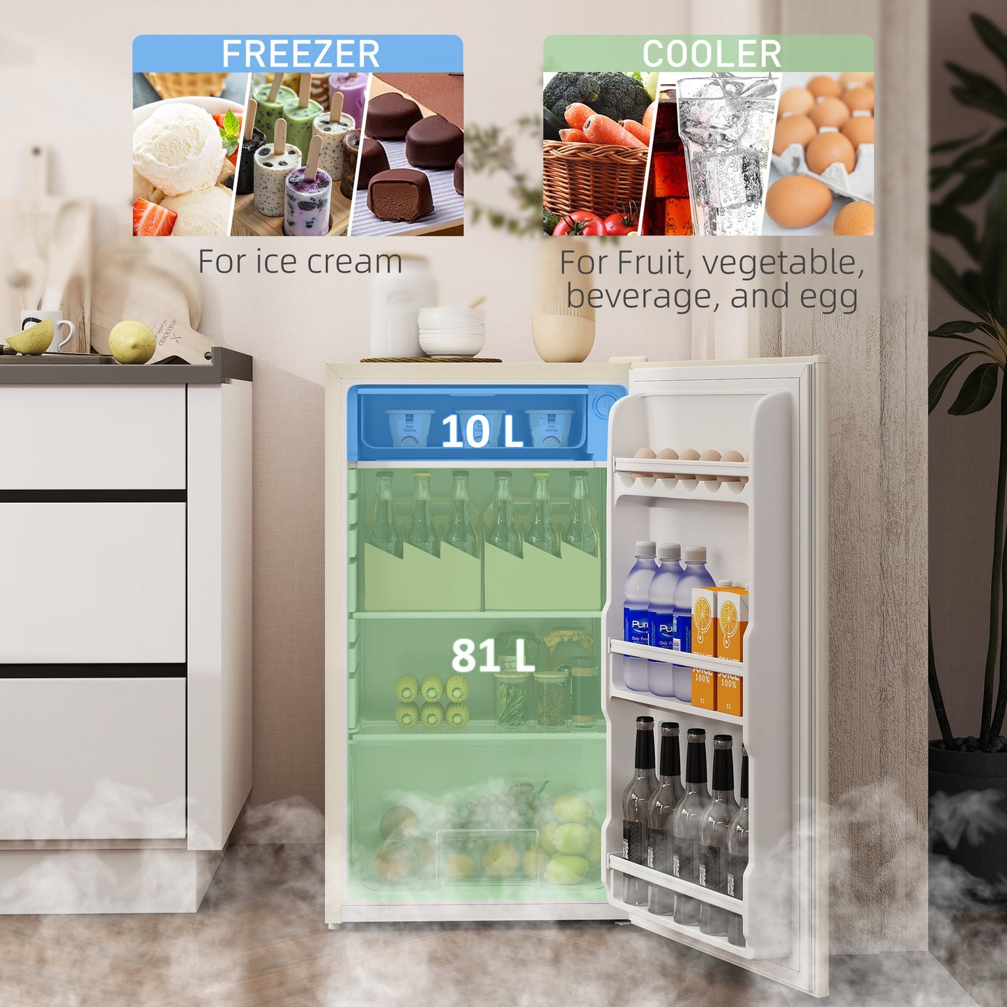 HOMCOM 91 Litre Freestanding Under Counter Fridge Freezer, Small Fridge with Chiller Box, Adjustable Thermostat, 47.5cm Wide, Beige