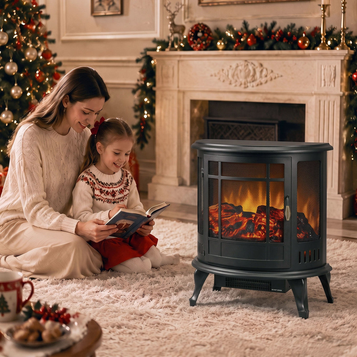 HOMCOM Electric Fireplace Stove, Freestanding Electric Fire Heater with Realistic LED Flame, 2000W, Black