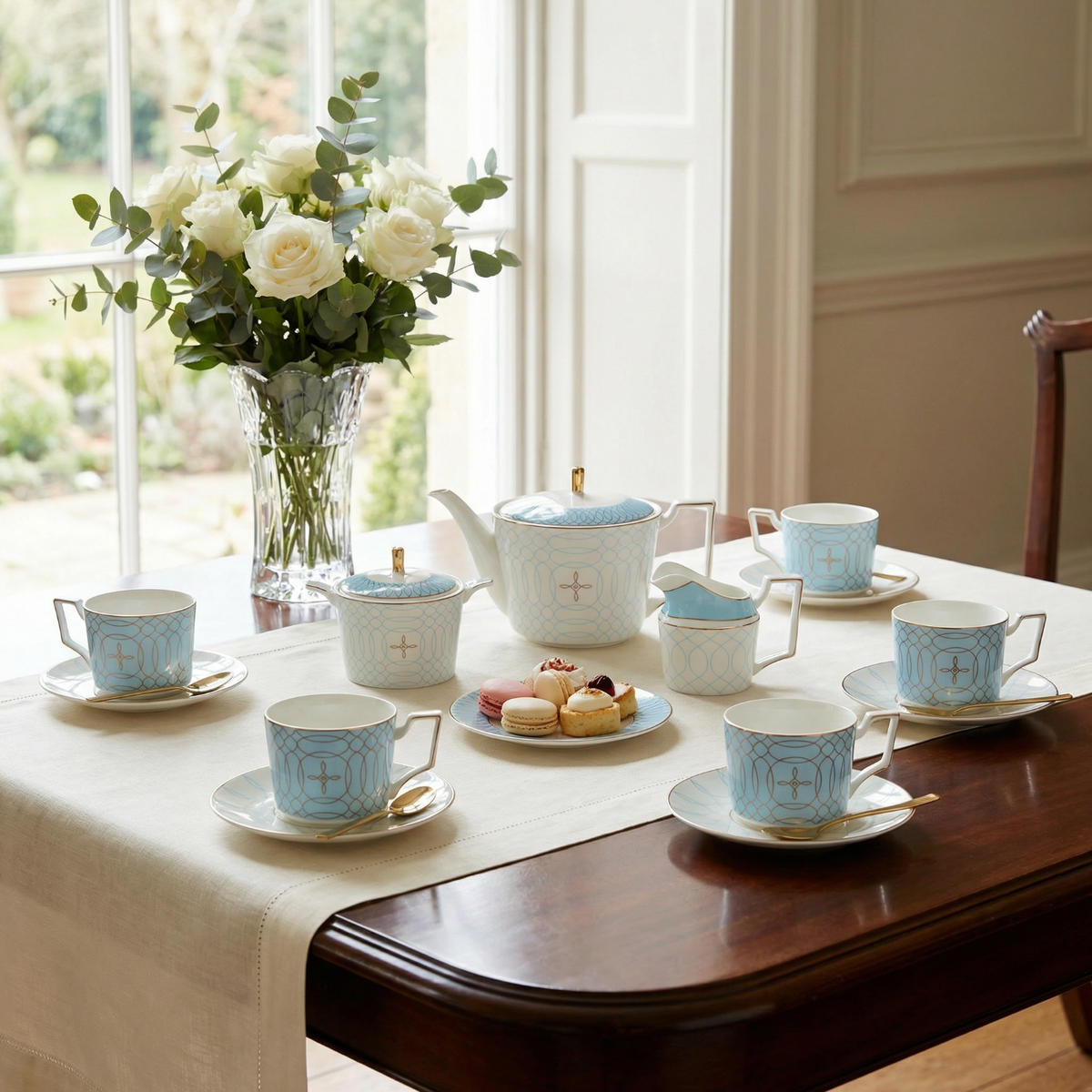Bone China Tea Set for 6 | Luxury Blue Tea Set with Gold Detail